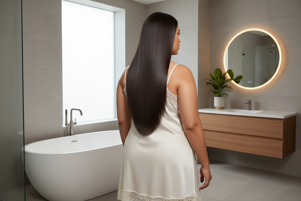 sujet: lisseur . femme ronde avec cheveux lisse dans sale de bain habille robe de nuit decolte 